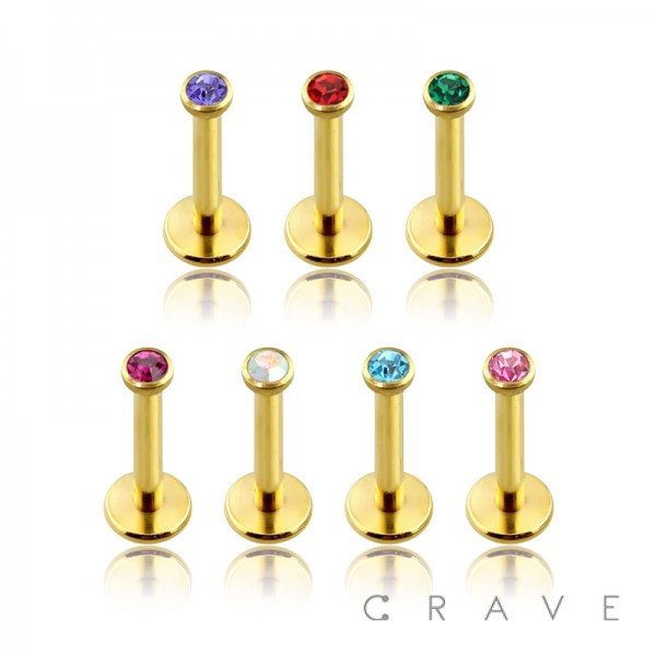 INTERNALLY THREADED GOLD PVD PLATED OVER 316L SURGICAL STEEL LABRET/MONROE WITH PRESS FIT GEM